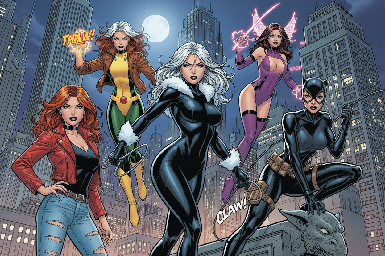 Beautiful female comic book characters black cat, mary jane ,cat woman, rogue, psylocke